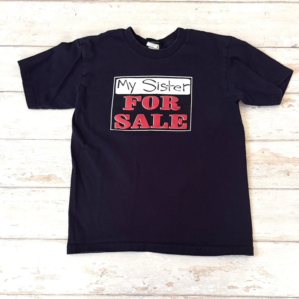 Boys Size 8 Funny Tshirt 100% Cotton Navy Blue My Sister For Sale Sign Kids Top